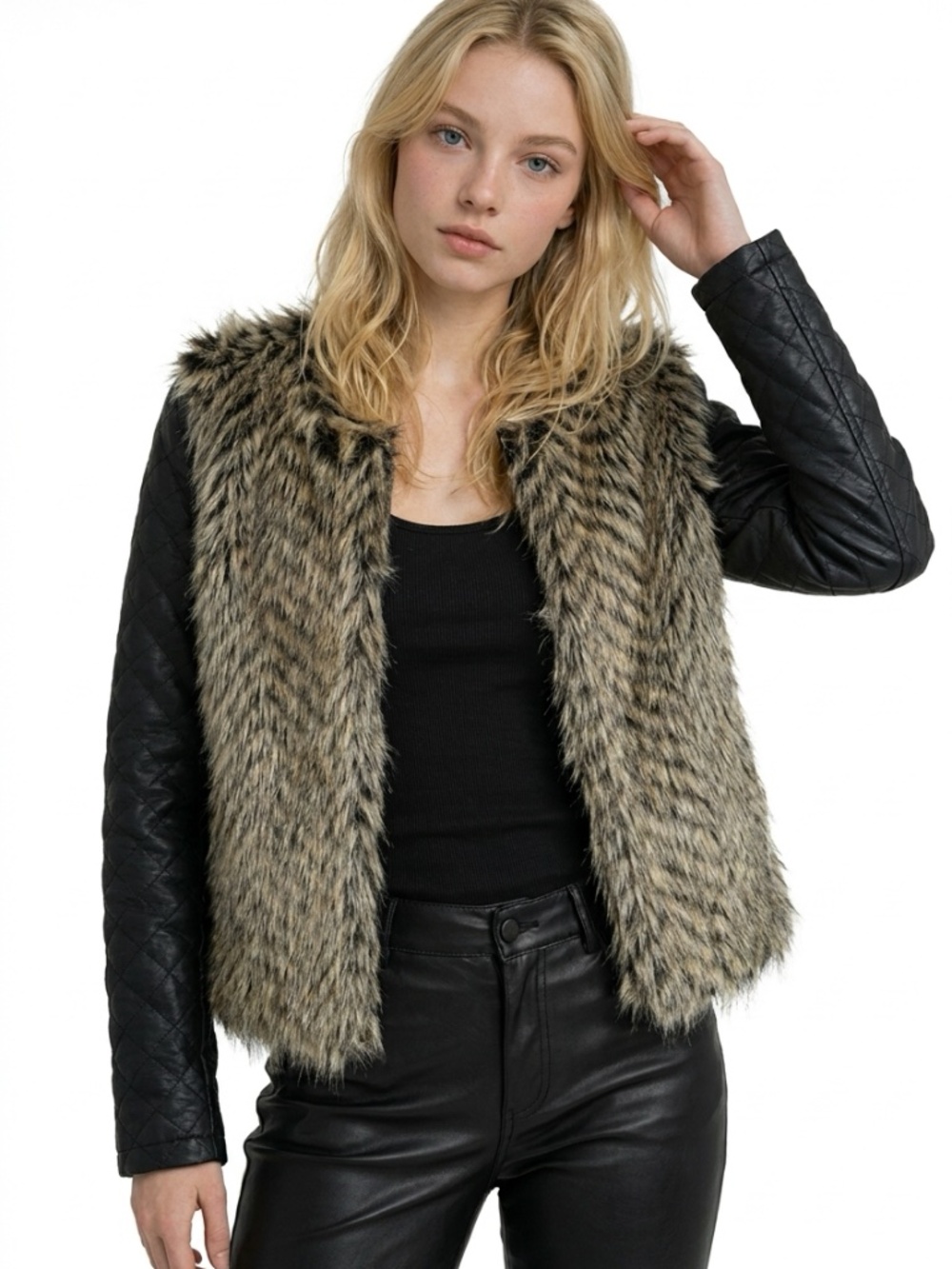 MEMBERS ONLY • Faux Fur Moto Jacket M Quilted Faux Leather Rocker Glam